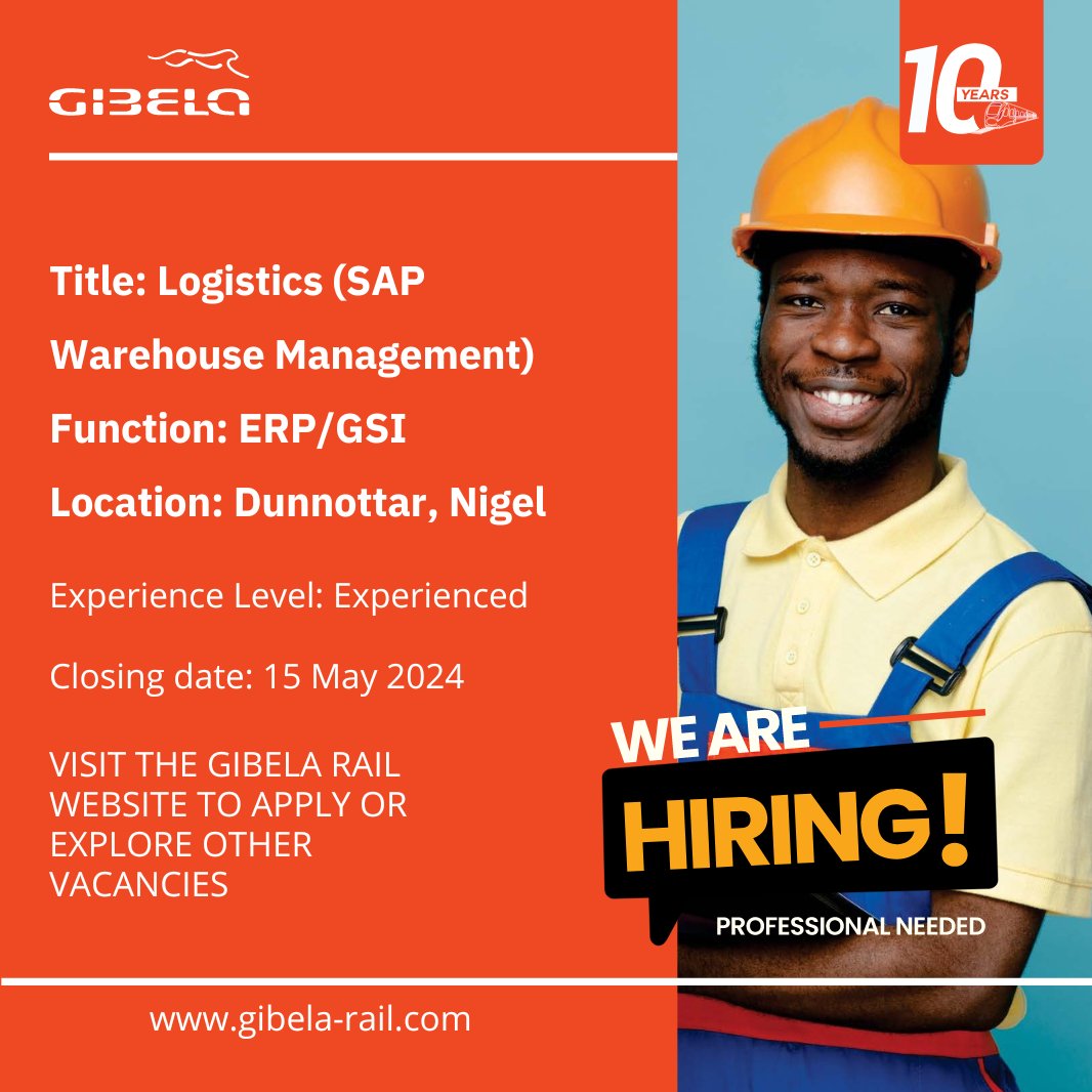 We're looking for a Logistics (SAP Warehouse Management) Key User to ensure seamless ERP system application and process development. If you're passionate about driving change in South Africa's railway sector, apply now!
#GibelaRail #CreatingOpportunities