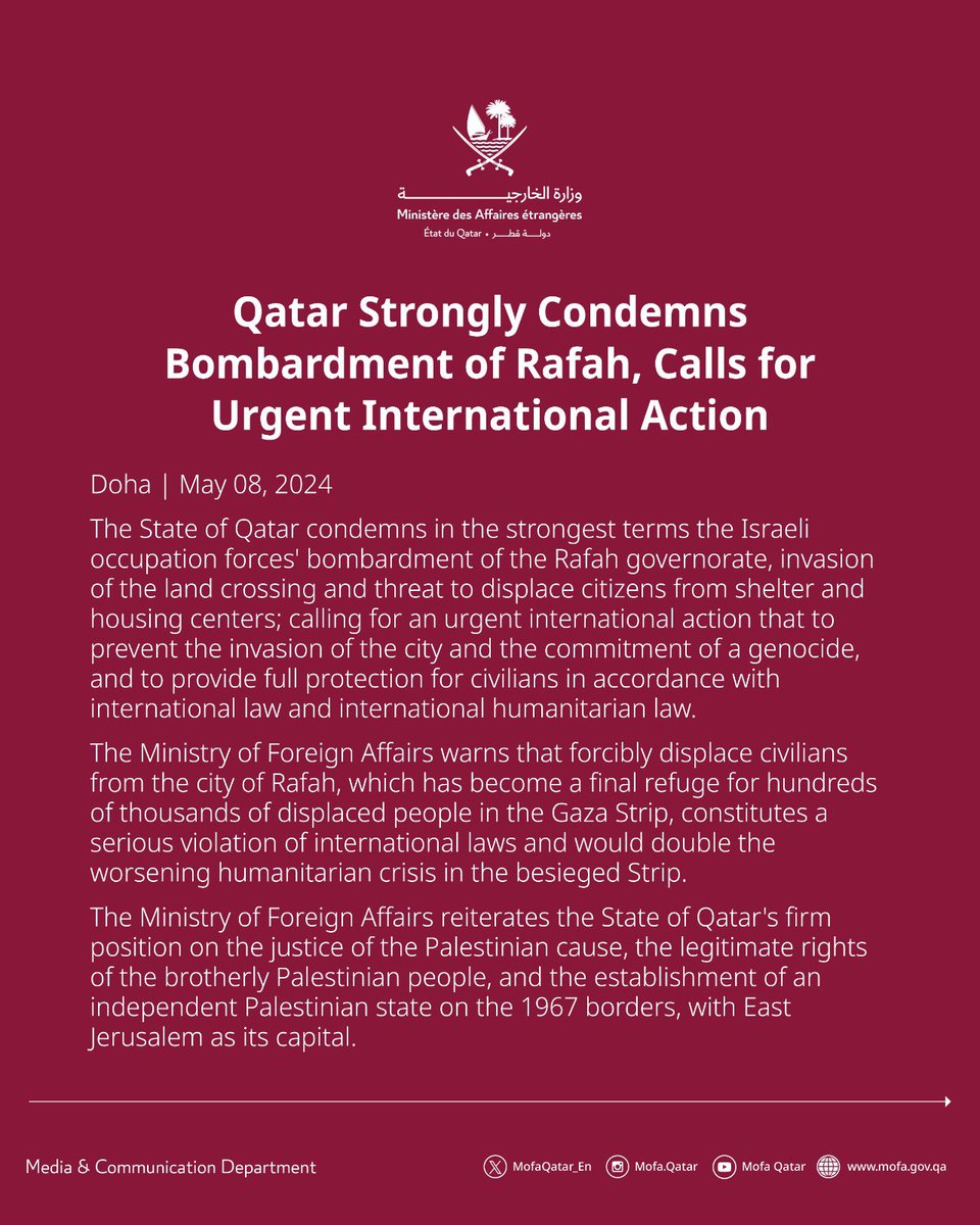 Statement| Qatar Strongly Condemns Bombardment of Rafah, Calls for Urgent International Action #MOFAQatar