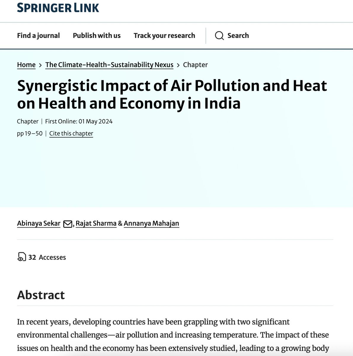 NEW: India is poised to face severe health and economic risks if it fails to tackle air pollution and heat in tandem. New book chapter, co-authored by @MahajanAnnanya, in 'The Climate-Health-Sustainability Nexus' (Springer) finds a severe lack of evidence on the synergistic…