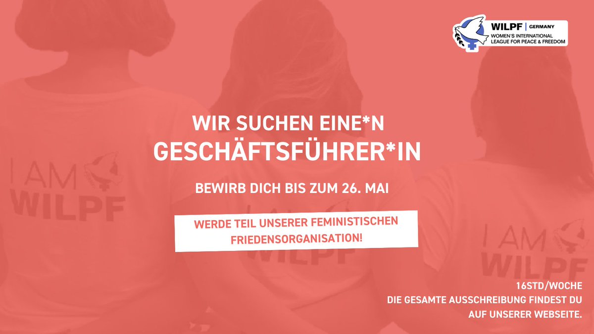 Wir suchen eine*n Geschäftsführer*in (m/w/d),  16h/Woche (nach Vereinbarung).

Bewerbungsfrist: 26. Mai 2024 (23:59 Uhr)

👉 Link zur Ausschreibung:
wilpf.de/2024/05/08/ges…