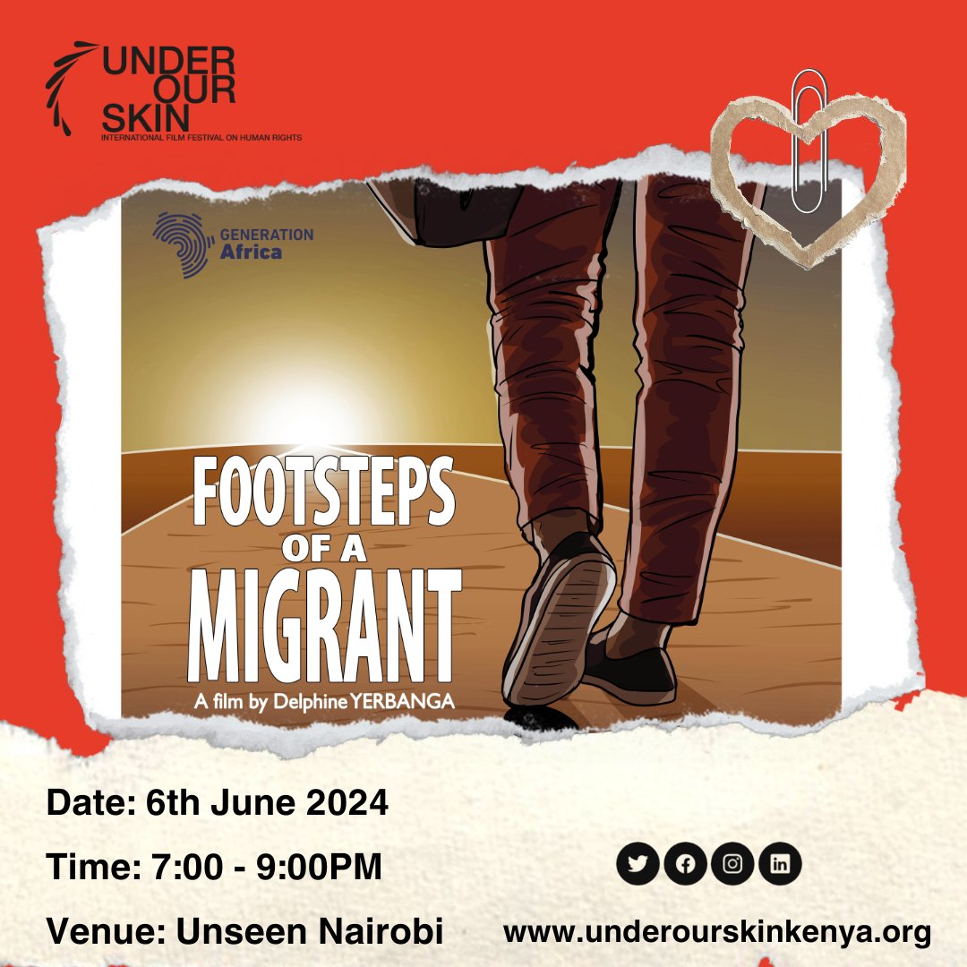 The June monthly screening is coming up on the 6th from 7-9 p.m. at Unseen Nairobi, featuring the film: “Footsteps of a Migrant” directed by Delphine Yerbanga.

Film trailer: youtube.com/watch?v=-_jtJ2…

Book your seat via mookh.com/event/under-ou… 

#uos2024 #uos2024monthlyscreenings