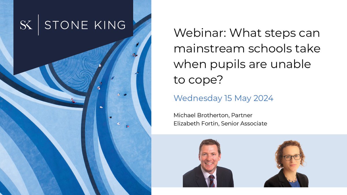 What steps can mainstream schools take when pupils are unable to cope? Join our webinar on 15 May for a legal view on decisions around alternative provision for schools & LAs.

stoneking.co.uk/event/what-ste…

#AlternativeProvision #StoneKing #Education #Schools