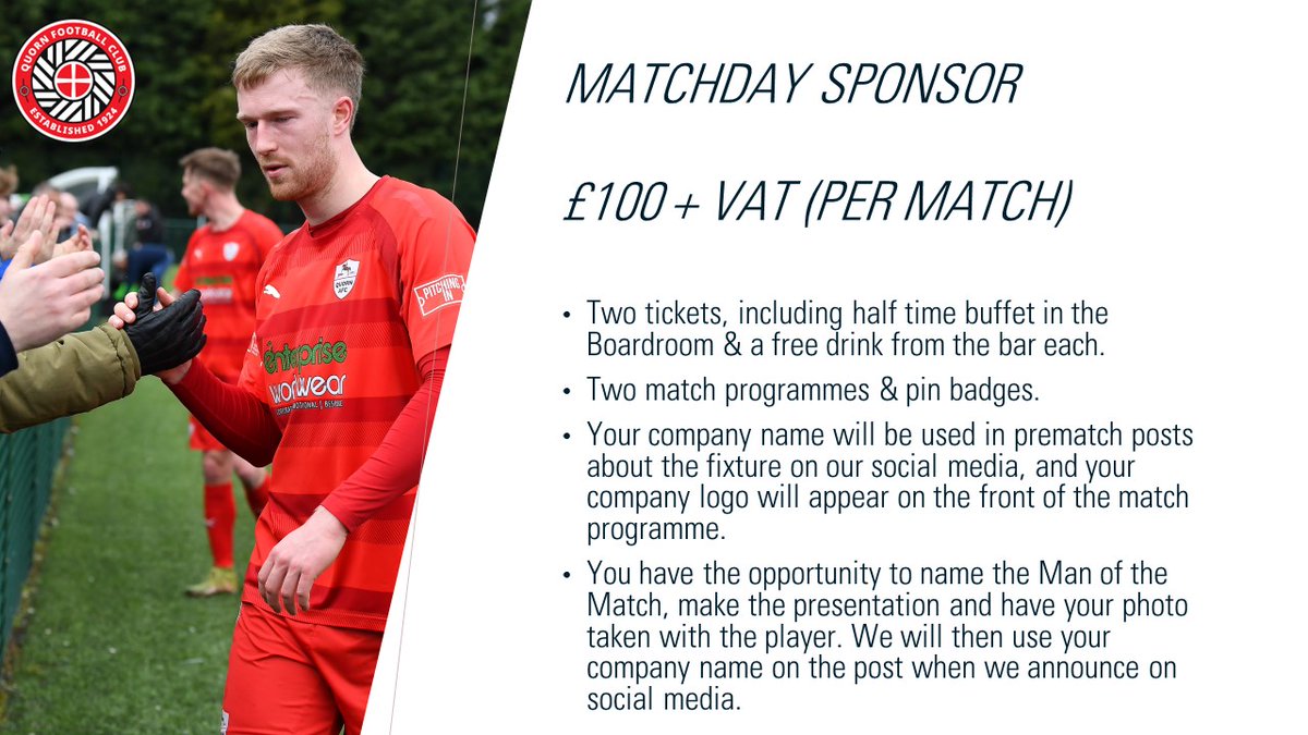 MATCHDAY SPONSORSHIP: Our Matchday Sponsorship packages for the 2024/25 season are on sale now. We've already sold four before the fixtures are even released, so don't delay, email quornfootballclub@gmail.com now to reserve your chance to sponsor a match. #WeAreQuorn #TheReds🟥