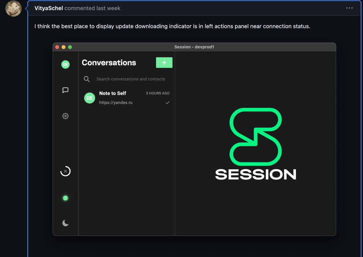 In this month's edition of RE:CONNECT, the official community shout-out went to... 🎉 @hlothdev 🎉 Vik is a community PR heavyweight for @session_app, with a recent favourite being this UI element in the desktop client: github.com/oxen-io/sessio…