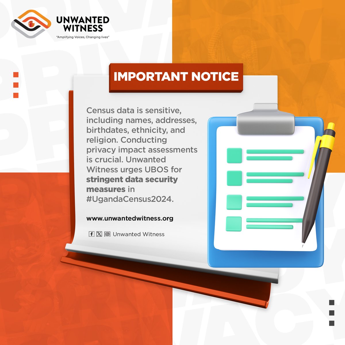 If you must collect it, you must protect it! As the National Census draws close, we urge UBOS to fortify measures safeguarding individual data confidentiality throughout the enumeration process. #UgandaCensus2024