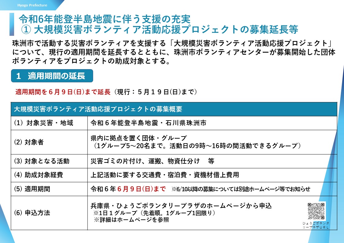 大規模災害ボランティア 活動応援プロジェクト 🚌🚌————・・・・ 適用期間が延長されます！ 📅期間 6/9までの活動について募集 👥対象者 県内に拠点を置く団体・グループ ⏰申込 先着順(1グループ1回限り) くわしくはこちら web.pref.hyogo.lg.jp/kk12/hisaichis…