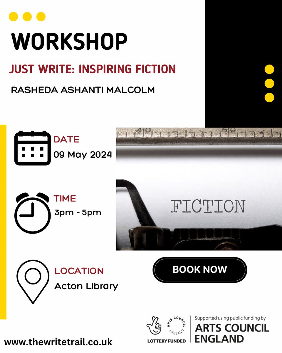 📣TOMORROW’S WORKSHOP IS IN ACTON LIBRARY! See⬇️ 

📅 09 May 2024
⏰ 3PM - 5PM 
📍 #Acton #Library 
🎫Ticketed

@rashedaashanti 
thewritetrail.co.uk 
 
#ACESupported #London #LetsCreate #CreativeHealth #write #words #fiction #WritingCommunity #writers #writerLift #creativity