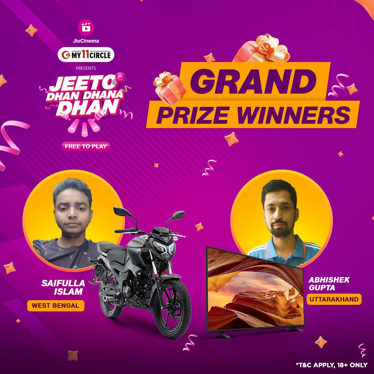 Big congratulations 🎉 to the winners of Match 41! 🙌

Play and stand a chance to win daily with #My11Circle presents #JeetoDhanDhanaDhan only on #JioCinema. 🥳

Keep playing & don’t forget to make your team on @My11Circle  app!

*T&C Apply, 18+