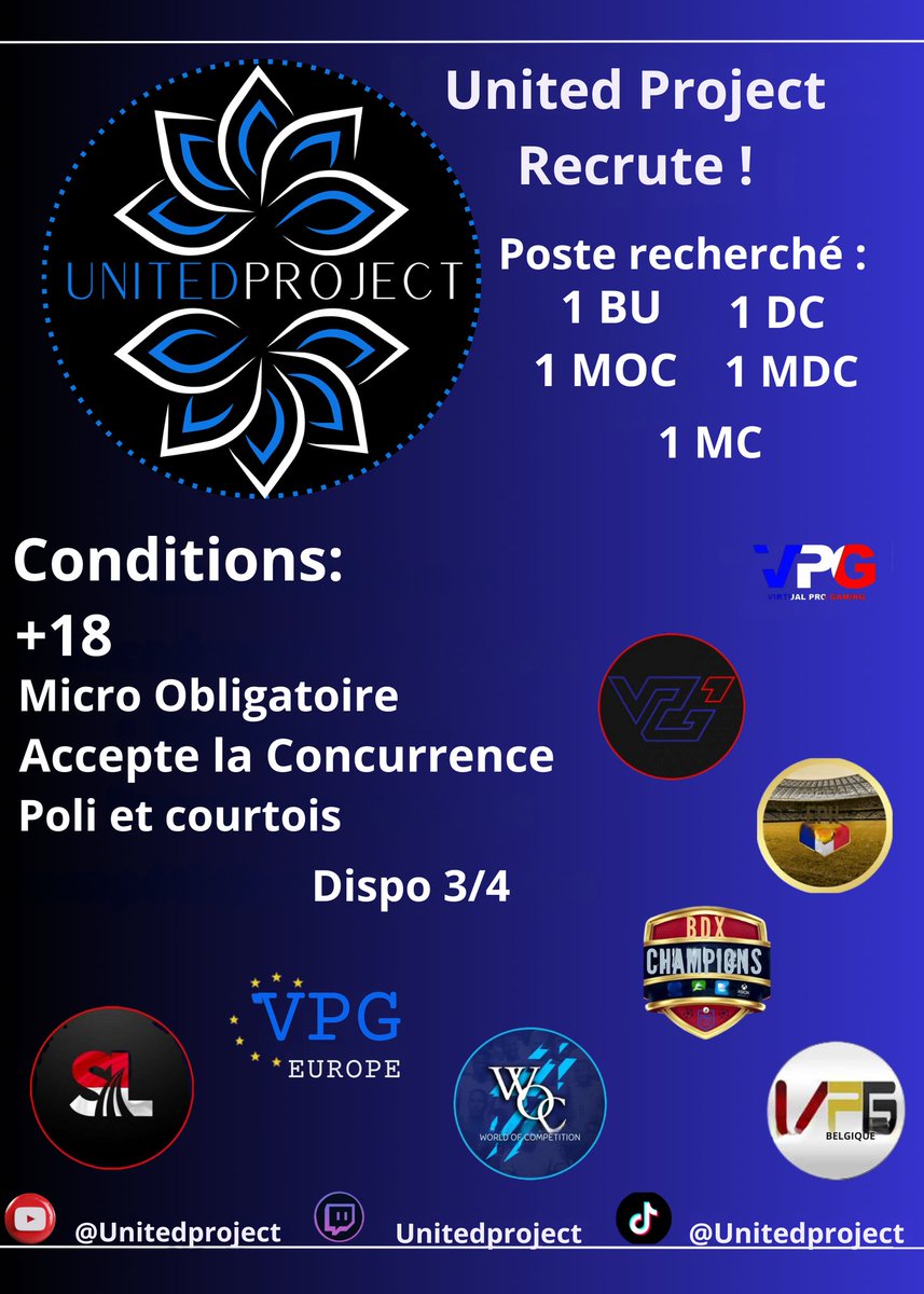 # 🔥  ** United Project Ouvre ces portes !**  🔥 
 Vous cherchez une équipe dynamique, ambitieuse et prête à tout pour la victoire ? Ne cherchez plus ! United Project  ouvre ses portes et vous invite à rejoindre notre aventure épique sur le terrain.
&gt; Nous recherchons des joueurs
