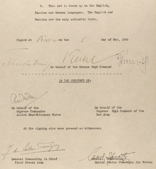 On this day 79 years ago the Nazi's formally surrendered to Allied forces with the signing of the German Instrument of Unconditional Surrender. This is an image of the final page of the three-page document.