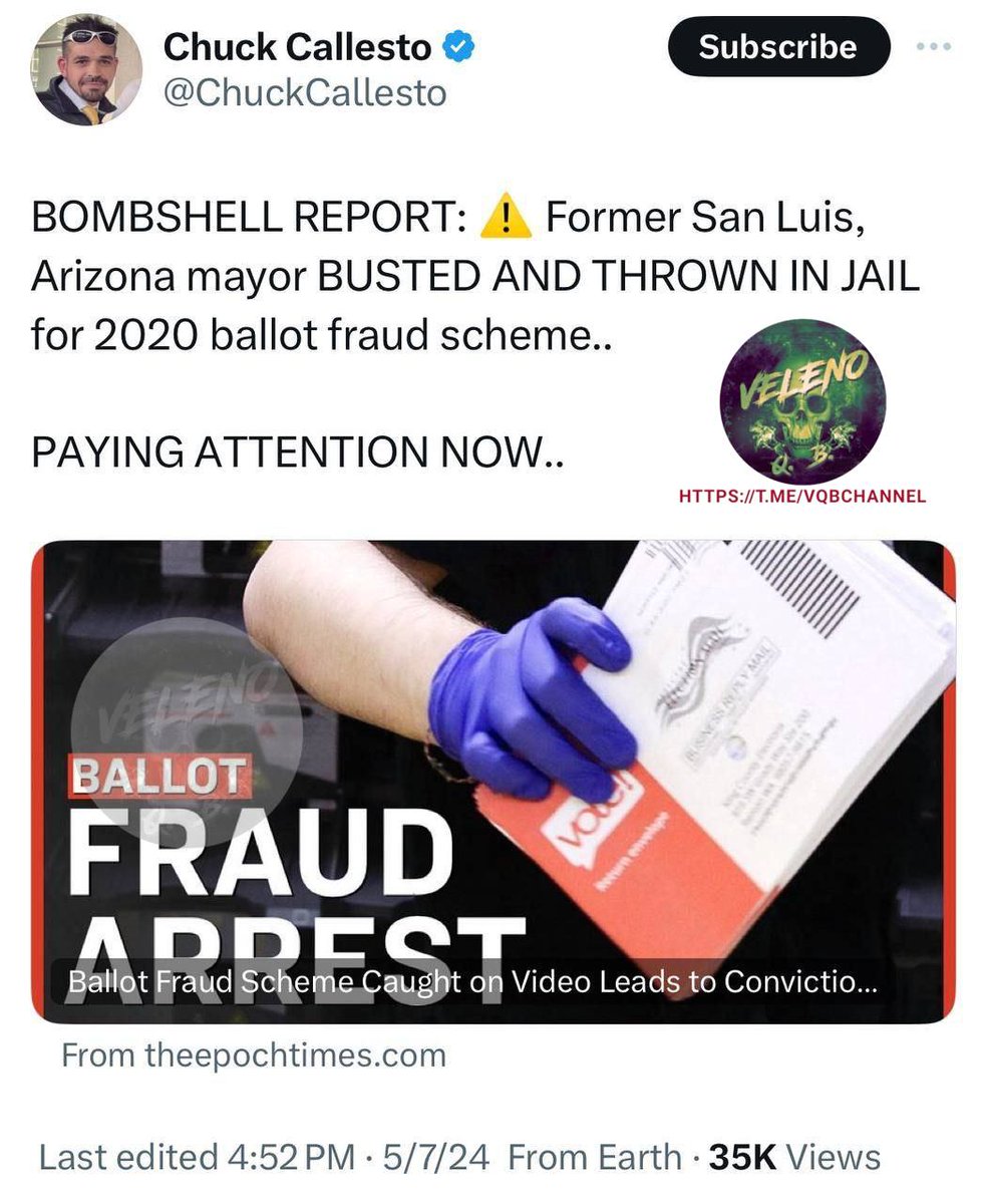 8 maggio 2024, Stati Uniti 

ARRESTATO EX SINDACO 

L'Ex #sindaco di #San_Luis, #Arizona, è stato scoperto e mandato in prigione per il programma di #frode_elettorale del #2020.

#8maggio #USA #Arizona #Elections2020 #NotInMyName 
#ThisIsNotForMe #NonInMioNome…