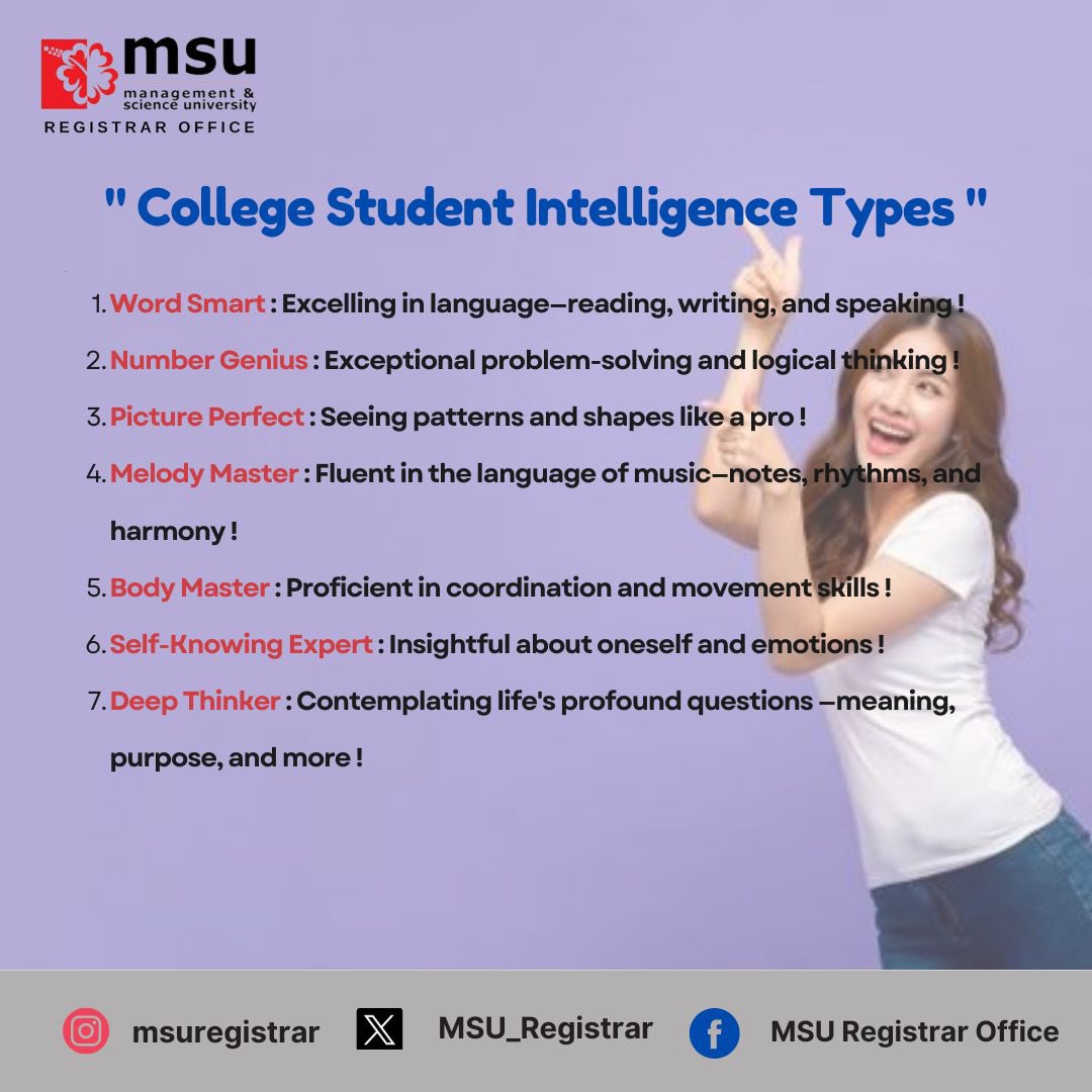 📚 Are you a creative thinker or a logical analyzer? Find out your college student intelligence type and share with us in the comments! #mentalstrength #studentlife @MSUmalaysia