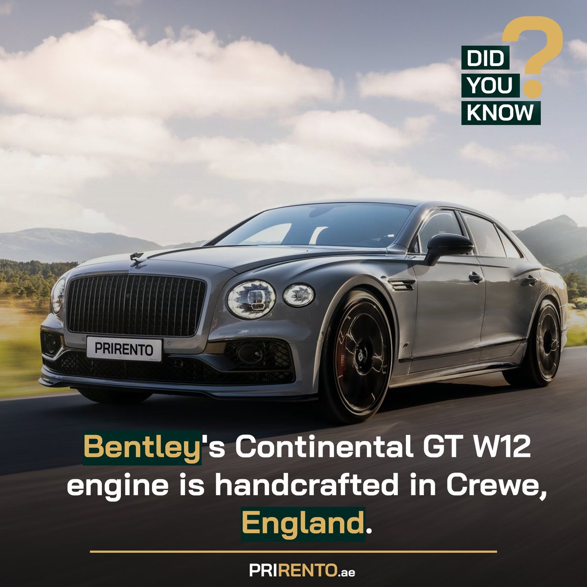 Did you know? Bentley's Continental GT W12 engine is handcrafted in Crewe, England. 
 #FactsOfTheDay #LuxuryRides #CarRentals #InterestingFacts #HighEndVehicles #LuxuryCarHire #DidYouKnowFacts #ExoticCars #LuxuryCarRental #CarFacts