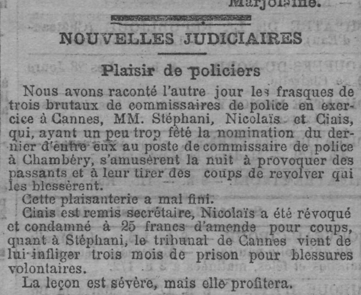 À l'époque, ce genre de « plaisanterie », de « plaisir de policiers » méritait une « leçon [...] sévère ». [#BnF, XIXe siècle, 08/05/1894]