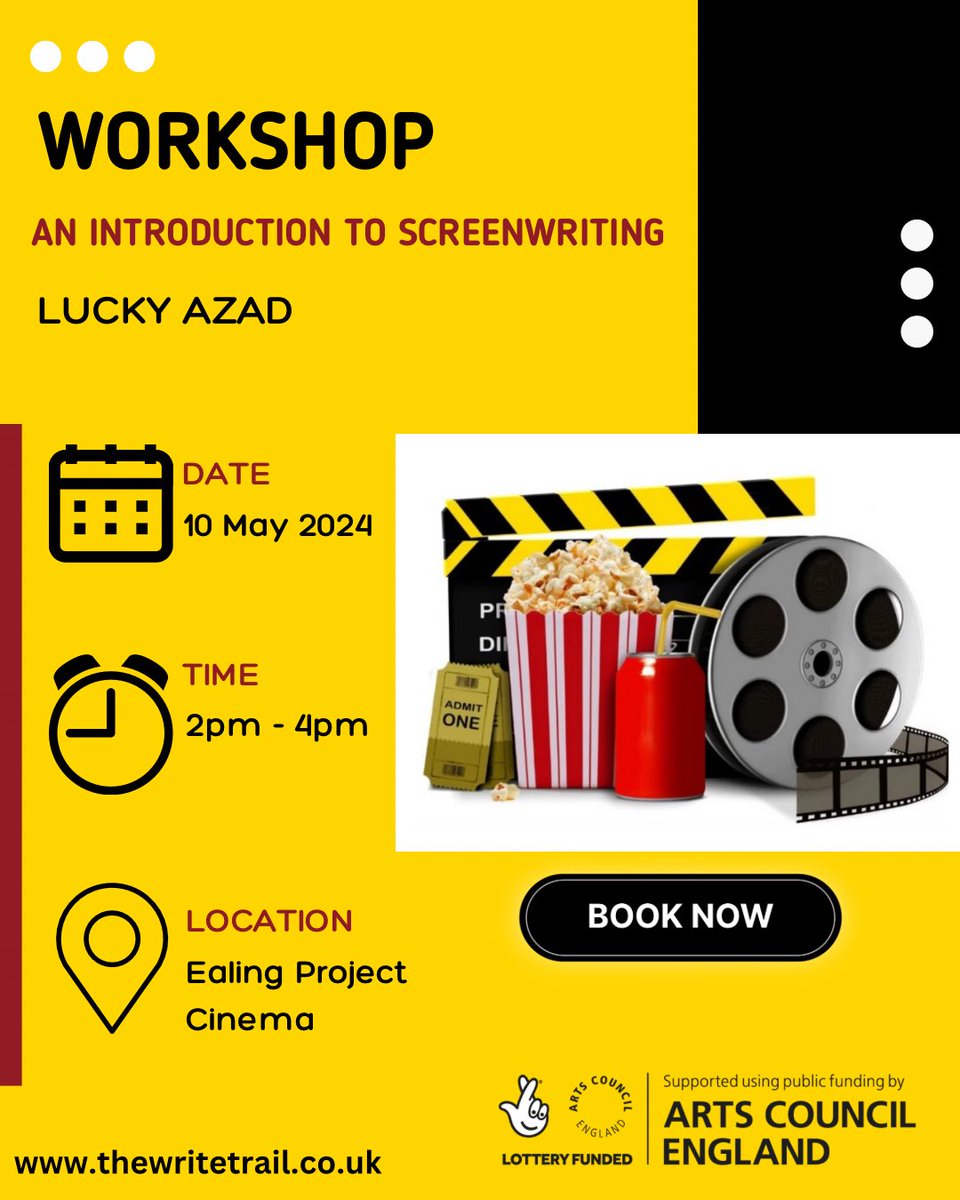 📣FRIDAY’S WORKSHOP📣
See⬇️ 

📅 10 May 2024
⏰ 2PM - 4PM
📍 #Ealing Project Cinema
🎫Ticketed (a few places remaining)

thewritetrail.co.uk 
 
#ACESupported #London #LetsCreate #CreativeHealth #write #words #film #cinema #WritingCommunity #writers #creativity #screenwriting
