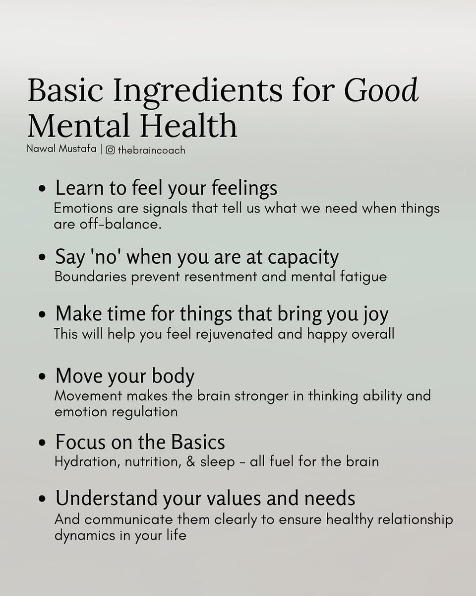 Repost Nawal Mustafa (thebraincoach on Instagram) 💜 If I had to come up with a recipe for good mental health, I would include these ingredients. What’s your favourite on this list? Which one of these do you need to focus on more? #mentalhealth #Psychology