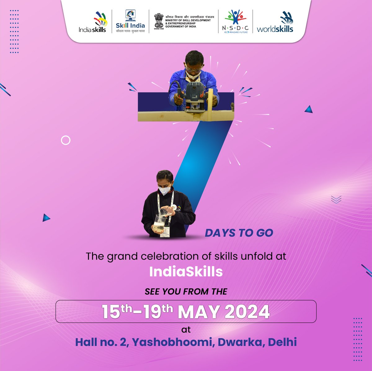 Just 07 days left until Indiaskills 2024 kicks off at Hall No. 2, Yashobhoomi, Dwarka, Delhi, from May 15th to May 19th.
Get ready to witness skilled individuals competing to bring honour to our nation on the global stage. Don't miss out!
#Indiaskills2024 #ProudIndia #SkillIndia