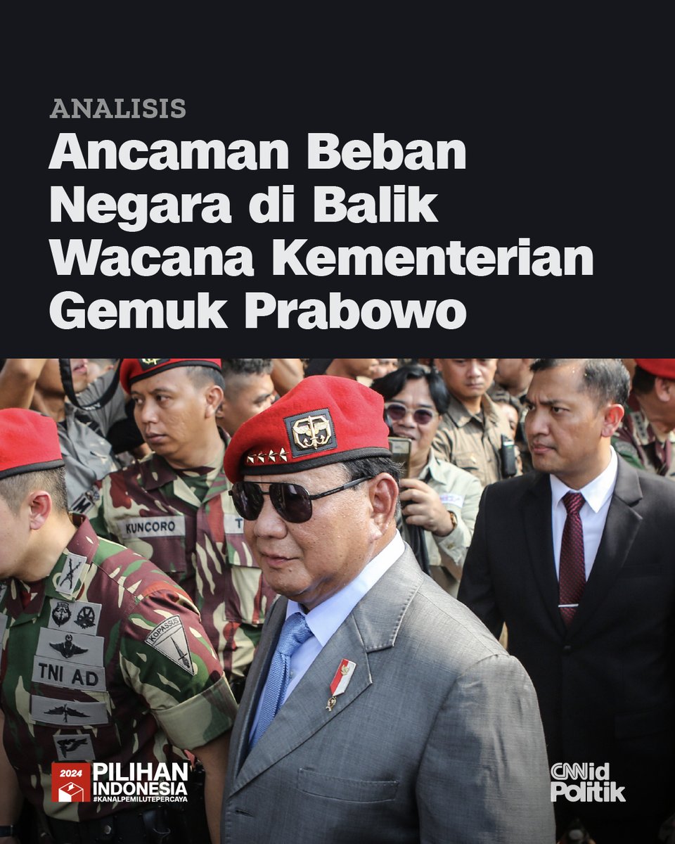 Presiden Terpilih Prabowo Subianto disebut bakal menambah jumlah kementerian dari yang semula cuma 34 jadi 40 kementerian, gaes ✨ Wacana ini dinilai sarat kepentingan politis dan cuma bakal ngebebani keuangan negara.

Baca di #Analisis: bit.ly/4dt5ZHD #CNNIndonesia
