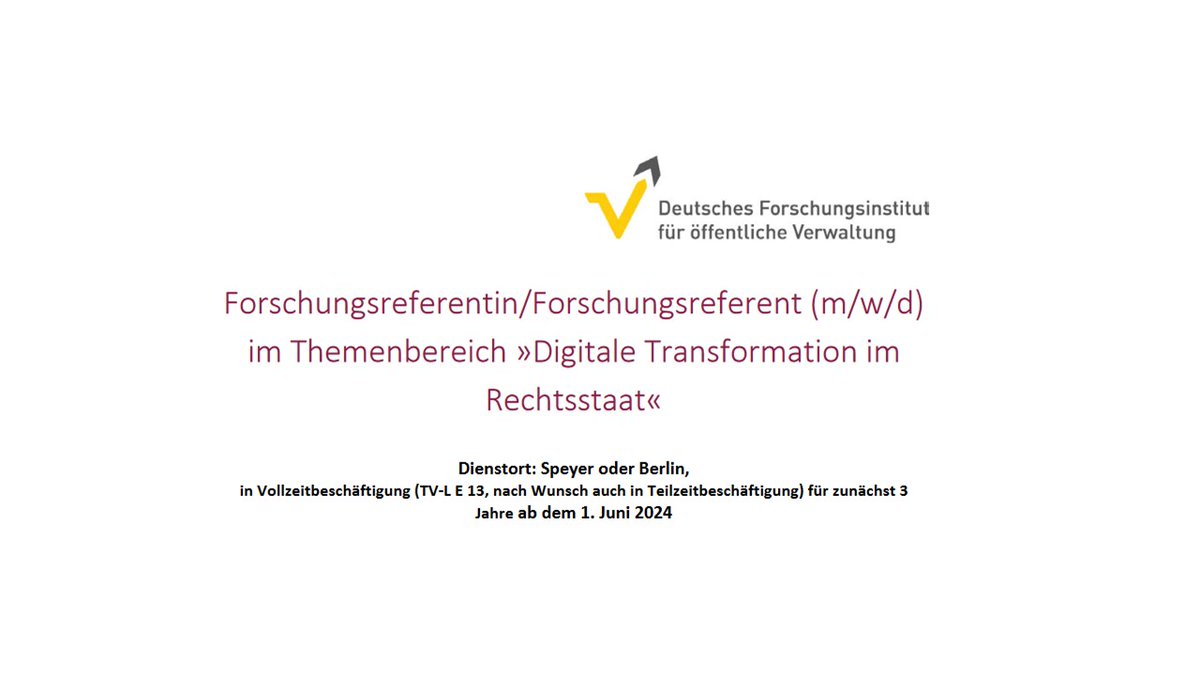 Lust darauf, mit mir gemeinsam zu spannenden Rechtsfragen der Digitalisierung in einem starken Team zu forschen? Dann dürfte die folgende Ausschreibung für Sie interessant sein: lnkd.in/eK8hp6AR. Sie können zwischen dem Dienstsitz Berlin-Mitte oder Speyer wählen.