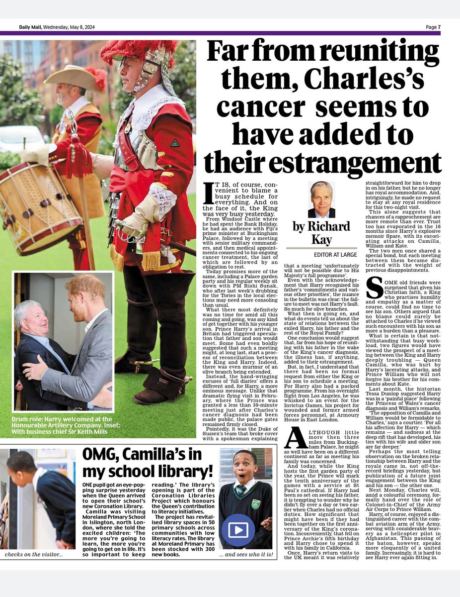 Last year I wrote that while the King was ‘pained’ by the distance between himself and his youngest son, he was determined to put ‘the Harry issue’ to one side and focus on serving his nation. That’s what he has done this week. 
dailymail.co.uk/news/article-1…