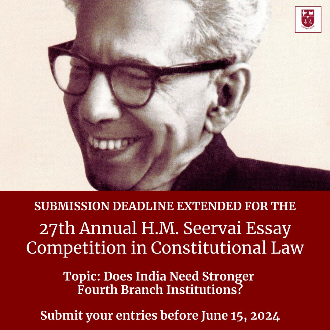 📢Deadline Extended! NLSIU is currently inviting entries for the 27ᵗʰ Annual H.M. Seervai Essay Competition in Constitutional Law. Submit your entries before June 15, 2024. To know more about the competition visit nls.ac.in/news-events/27…