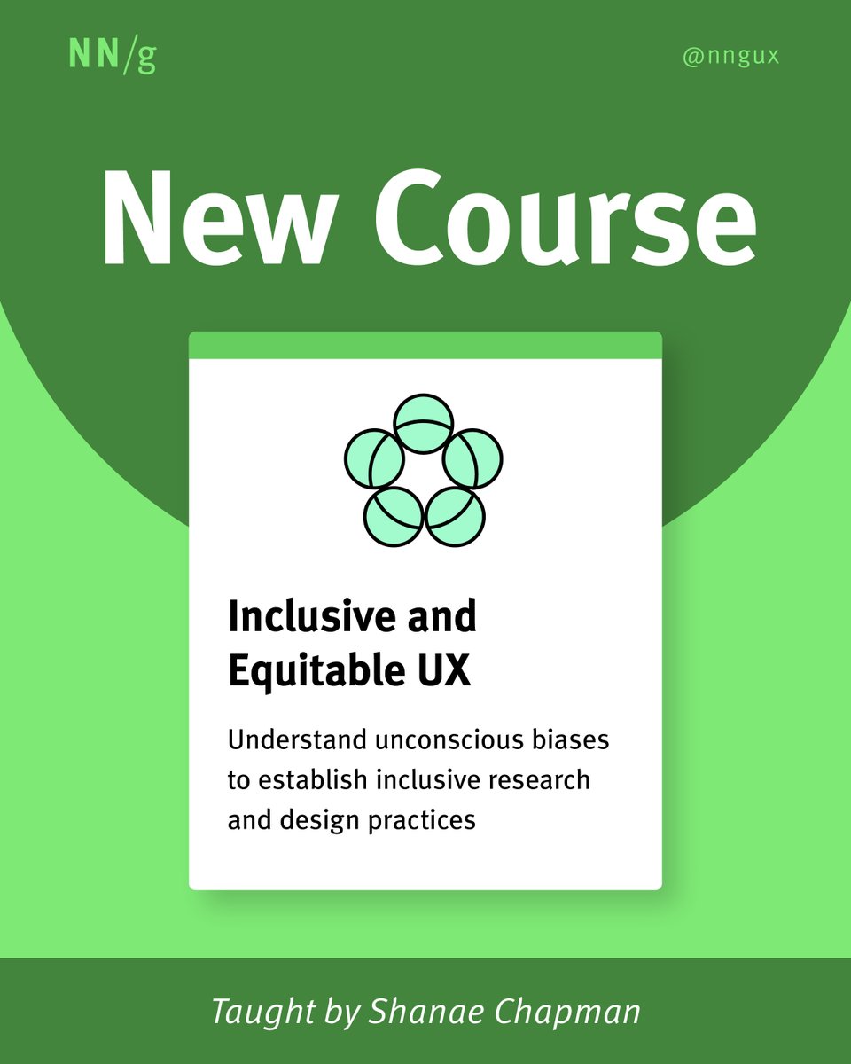 NNgroup's tweet image. Develop strategies for practicing Inclusive Research &amp;amp; #UXDesign that you can start immediately with our new course, Inclusive &amp;amp; Equitable UX. Created by Shanae Chapman of NerdyDiva. Register today: bit.ly/3UMDmOj

#UXCourse #UXResearch #UXTraining