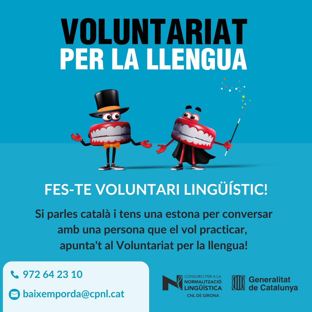 A diferents municipis del #BaixEmpordà tenim aprenents esperant per poder conversar en català.
Per ajudar-los, només et cal:
✅ Ser major d'edat.
✅ Disposar d'1 h a la setmana durant 10 setmanes.

🌐 vxl.cat/participa-hi/f…