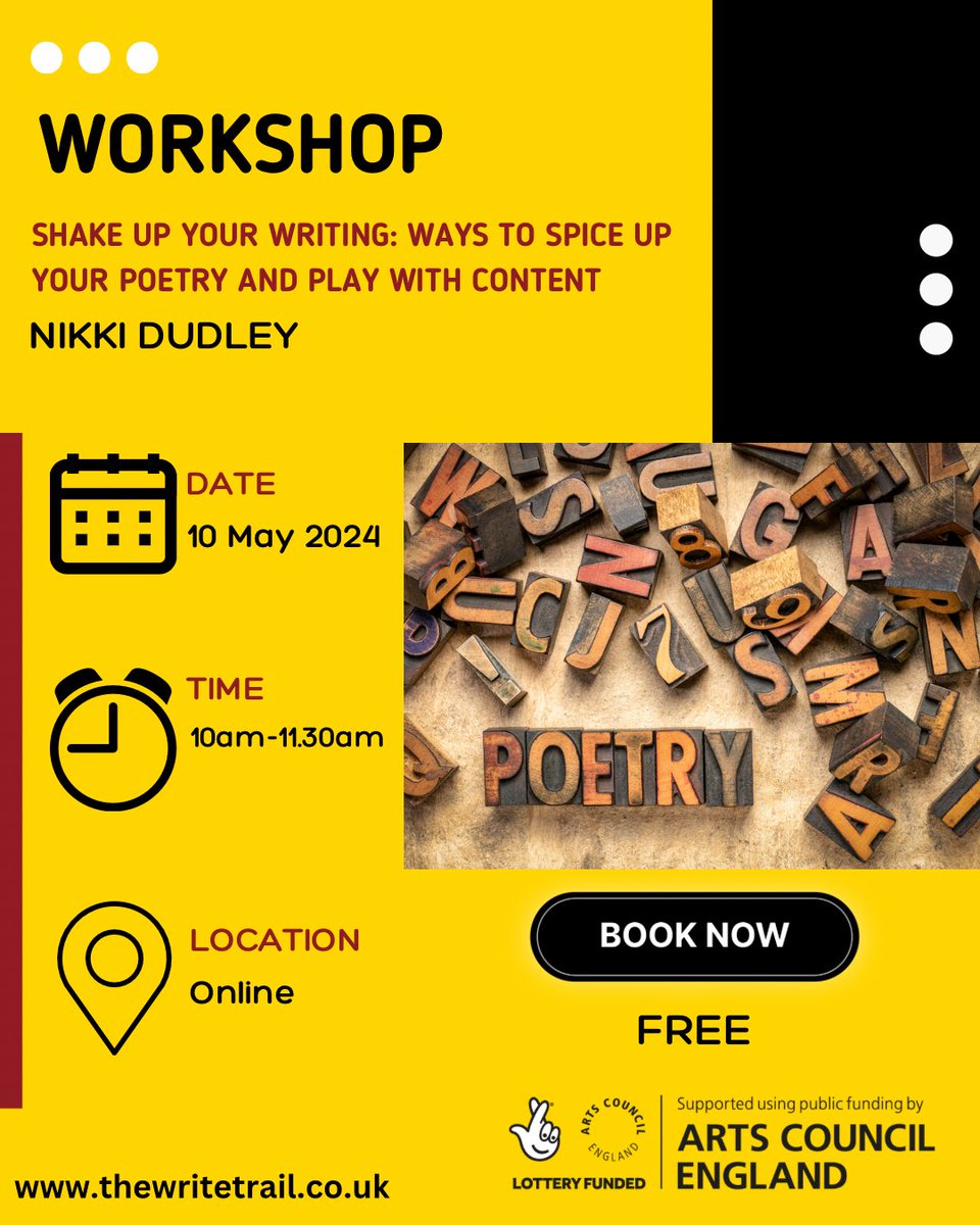 📣FRIDAY’S WORKSHOP📣

See⬇️ 

📅 10 May 2024
⏰ 10AM - 12PM
📍 ONLINE 
🎫Ticketed + free (waiting list)

@nikkidudley20 
thewritetrail.co.uk 
 
#ACESupported #London #LetsCreate #CreativeHealth #write #words #poetry #WritingCommunity #writers #POEMS #PoetryCommunity #author