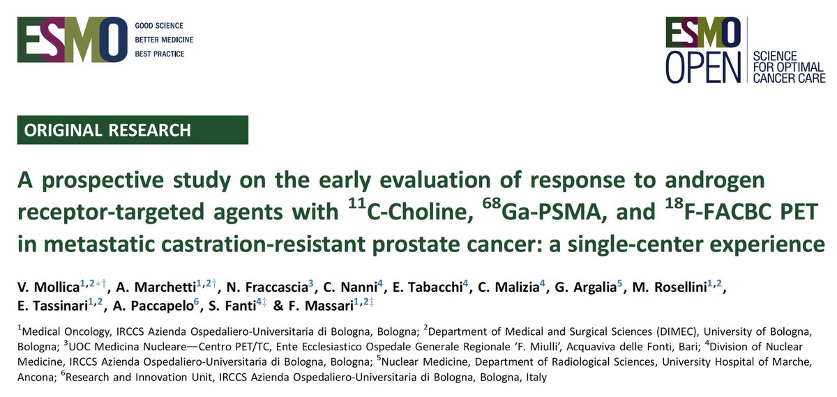 Out now on @ESMO_Open our research supported by the Italian Ministry of Health conducted with @stefanofanti4 and @vmollica7 about the early evaluation of response to ARTA in mCRPC with PET and different radiotracers  @myESMO @urologyweb @OncoAlert
