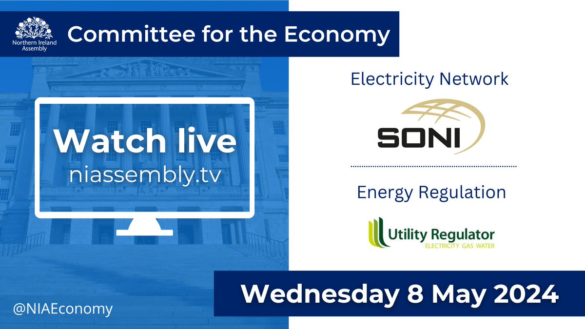 The next meeting of the Committee for the Economy will take place this morning at 10am. The Committee will hear from: 🔹The System Operator for Northern Ireland @soni_ltd 🔹Utility Regulator @UREGNI 📺Watch live - niassembly.tv