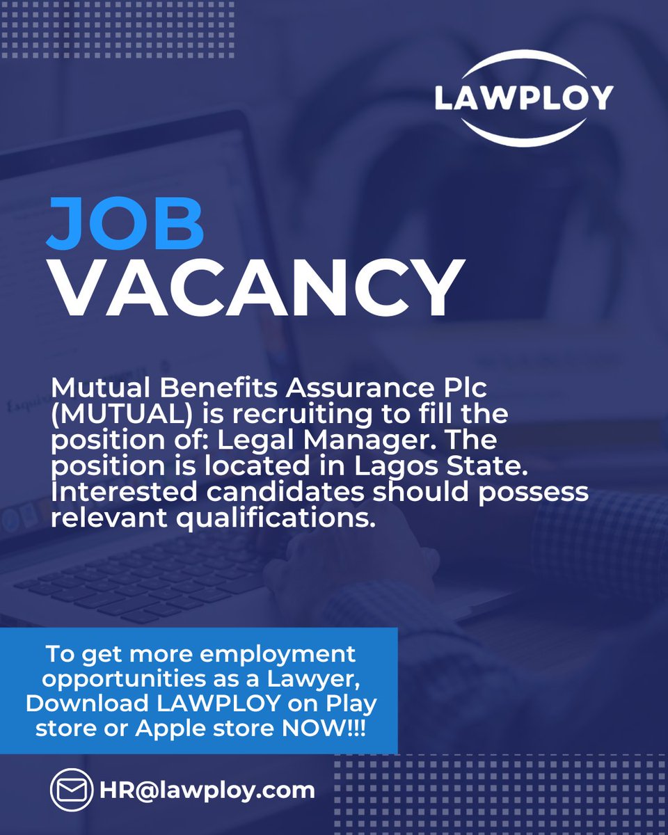 Send an email to HR@Lawploy.com for the job vacancies posted

Download Lawploy now using the below link

Apple store 
play.google.com/store/apps/det…

Playstore 
apps.apple.com/app/lawploy/id…

 #Lawploy #LegalJobsNigeria #NigerianLawyers #LegalOpportunities #LawCareers  #JobSeekersNigeria