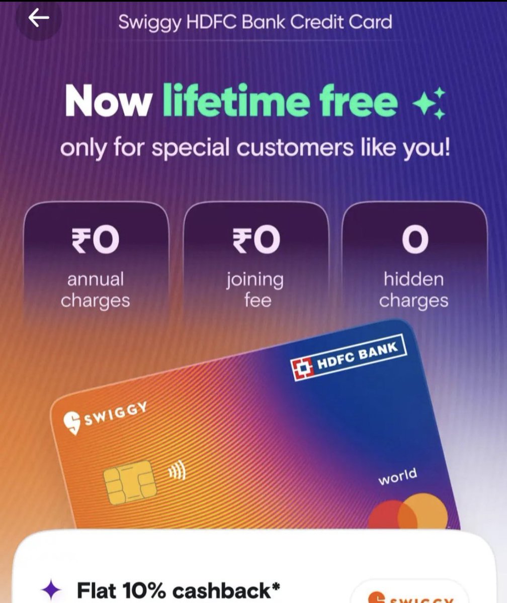 Swiggy has rolled out targeted LTF offers for its co-branded credit card! Check your Swiggy account for offers. You can get this one even if you hold other core HDFC Bank credit cards.