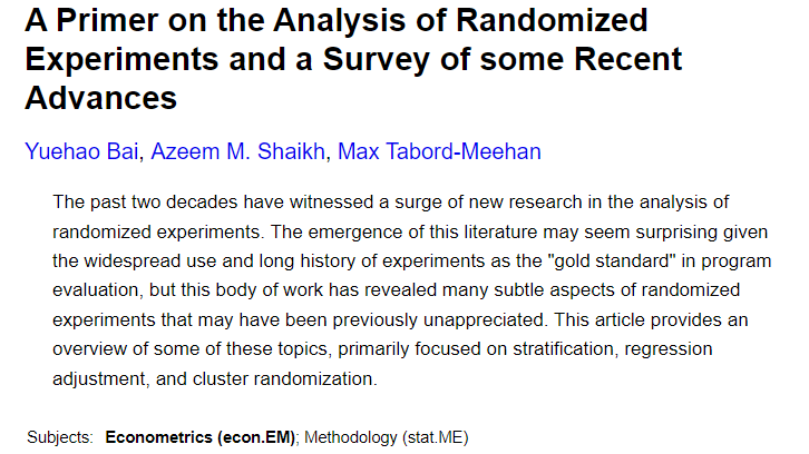Hi #EconTwitter!📈 Interested in the cutting-edge developments in randomized experiments in #economics? Check out 👇this brand new survey by Yuehao Bai (@USC), Azeem Shaikh (@UChicago) and Max Tabord-Meehan (@UChicago)! 📚 Essential reading for researchers and policy-makers