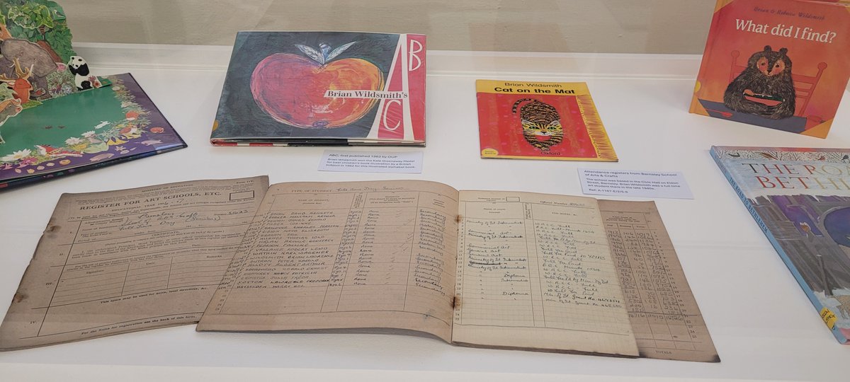 #WildsmithWednesday Alongside the Brian Wildsmith exhibitions at @EBMuseum & @CooperBarnsley you can see a display of Brian's books when you visit @BarnsArchives The display also features an attendance register when he studied at Barnsley School of Arts & Crafts in the 1940s.