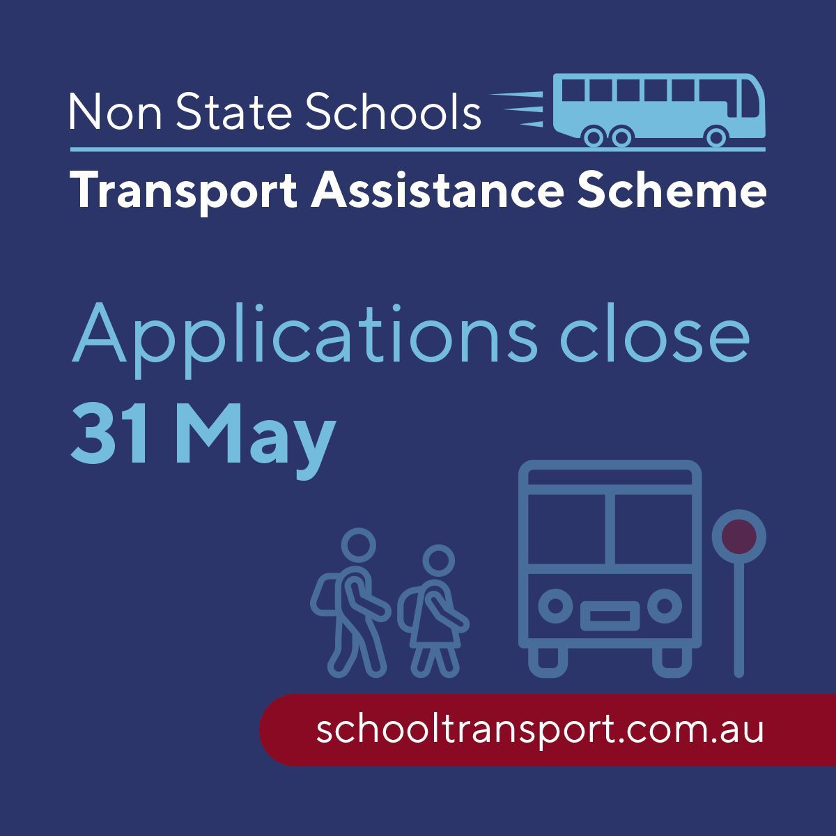 Semester 1 applications for the Non State Schools Transport Assistance Scheme must be submitted by 31 May. Apply here: buff.ly/2xE2yPl