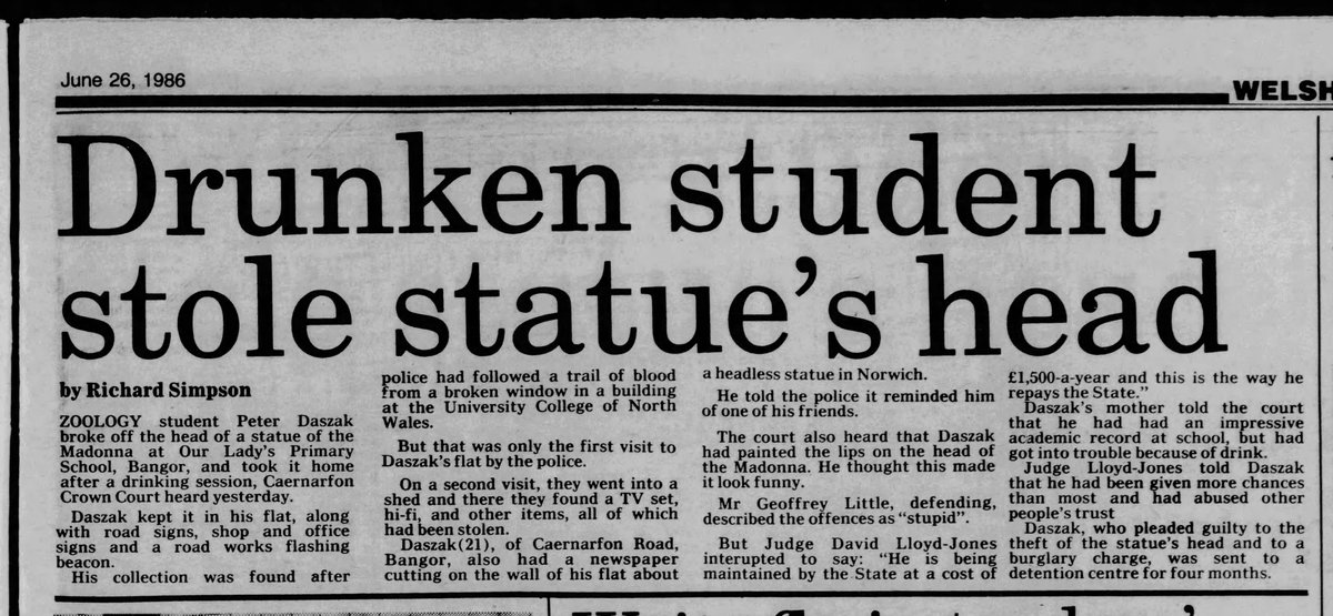When Peter Daszak was a 21-year-old Zoology student, he plead guilty to theft and burglary charges and was sent to a detention center for four months. Daszak beheaded a statue of the Madonna, put lips on it, and kept it as a trophy. He also stole numerous beacons and signs.