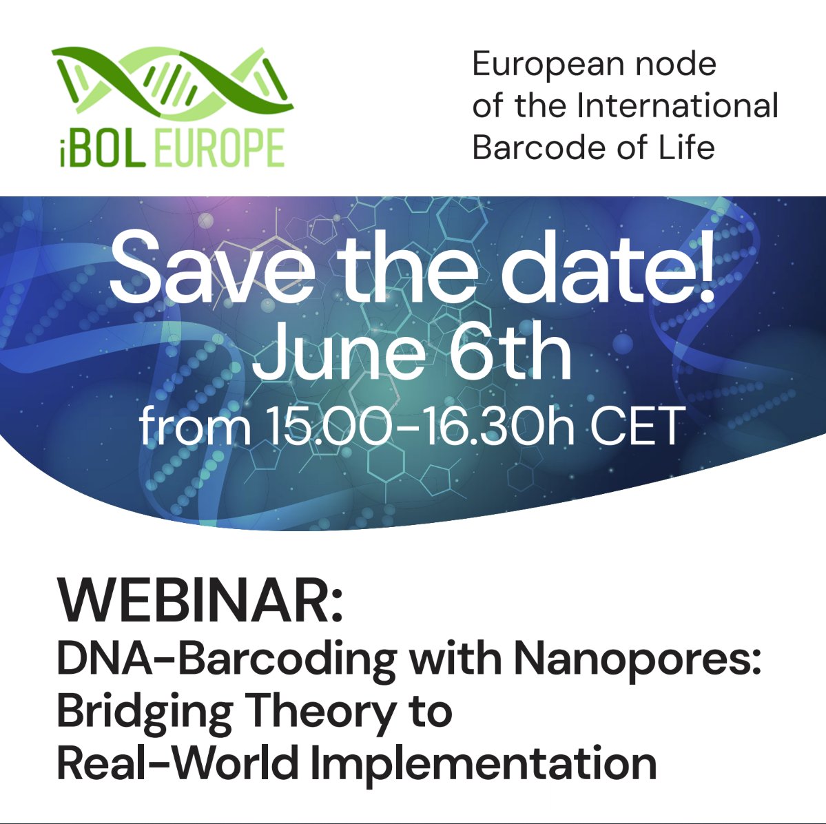 🚨Join us on June 6th from 15.00-16.30h CET for a webinar on #DNAbarcoding with #nanopores: Bridging theory to real-world implementation. Experts will provide tips & tricks on how to efficiently use ONT for DNA-barcoding applications.

See more info: iboleurope.org/june-6th-webin…