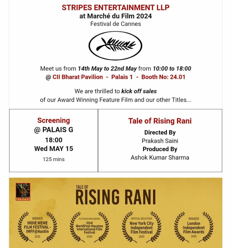 Proud to announce the Premier of our Award Winning film 'Tale of Rising Rani' at Marché du Film Cannes 2024
#taleofrisingrani 
#stripesentertainment 
#festivaldecannes 
#marchedufilm 
#indiefilm 
TRAILER
youtu.be/jRPaCCZvgOc?si…
