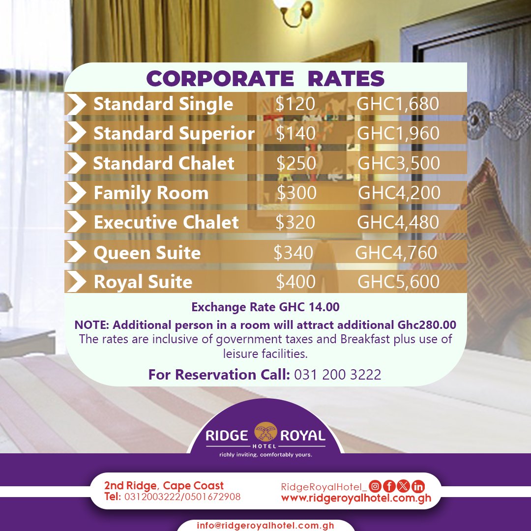 Embark on a journey of comfort: Discover our exclusive Available Rates & Corporate Room Rates. Make your stay with us and experience true hospitality!
contact us at 0312003222 or visit our website at ridgeroyalhotel.com.gh.
#RidgeRoyalHotel: richly inviting, comfortably yours.