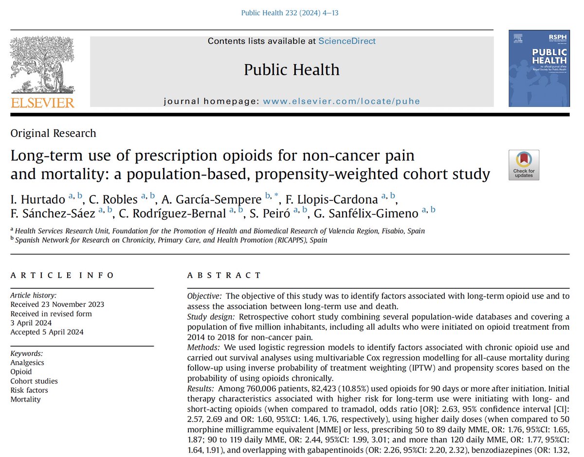 Long-term opioid use in patients with non-cancer pain in Spain was associated with increased risk of death. Nuestro reciente manuscrito en Public Health: authors.elsevier.com/sd/article/S00…