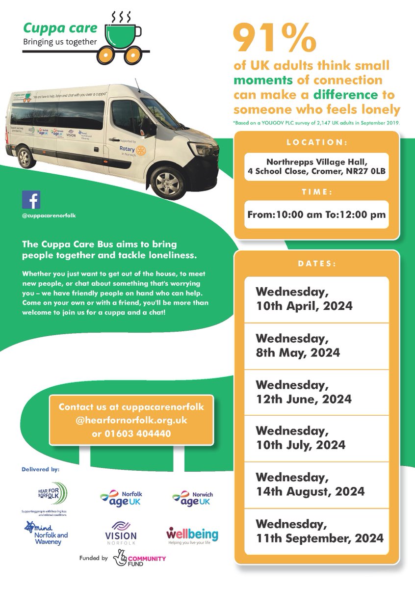 The Cuppa Care bus will be visiting #Northrepps  & #Aylsham today!

Northrepps Village Hall, School Close: 10am to noon

Outside Aylsham Town Hall: 1pm to 3pm

hearfornorfolk.org.uk/cuppa-care/

#cuppacare #health #wellbeing #norfolk