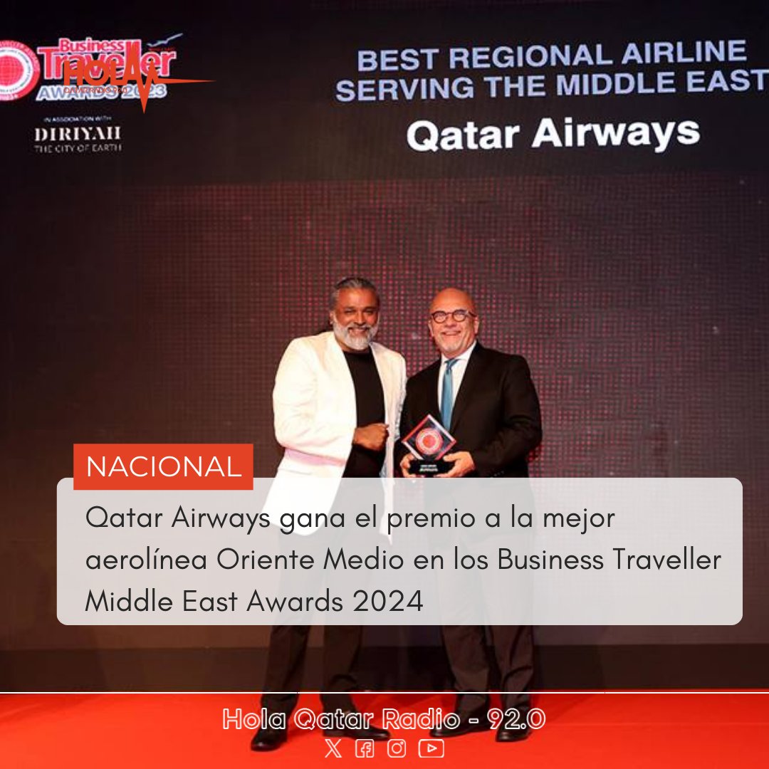 Los prestigiosos títulos son: Mejor Aerolínea Regional con Servicio en Oriente Medio, Aerolínea con la Mejor Clase Business y Mejor App de Viajes. #holaqatar92 #qatarairways #premios #aerolinea #orientemedio #business #app #viajes #tecnologia