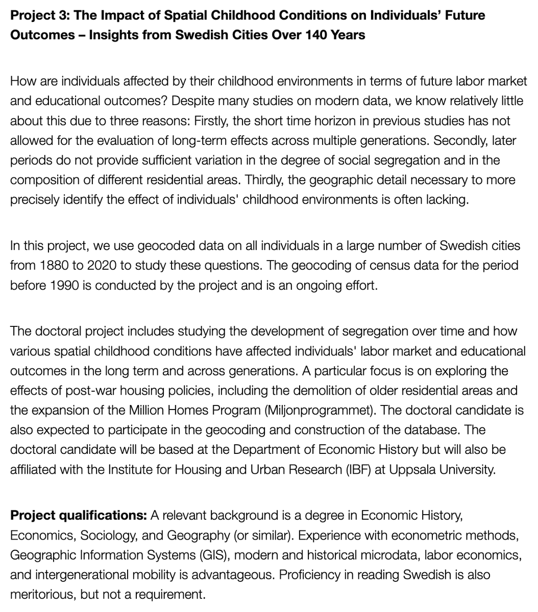 (1) The Dep. of Econ. History at Uppsala Uni. (<a href="/UUEconHist/">Department of Economic History Uppsala University</a>) is announcing 3 PhD candidate positions for the fall!

One is in mine and <a href="/kerstinenflo/">Kerstin Enflo</a>'s project on the effect of spatial childhood cond. on individuals' long-run outcomes

You can apply here! 👉 jobb.uu.se/details/?posit…