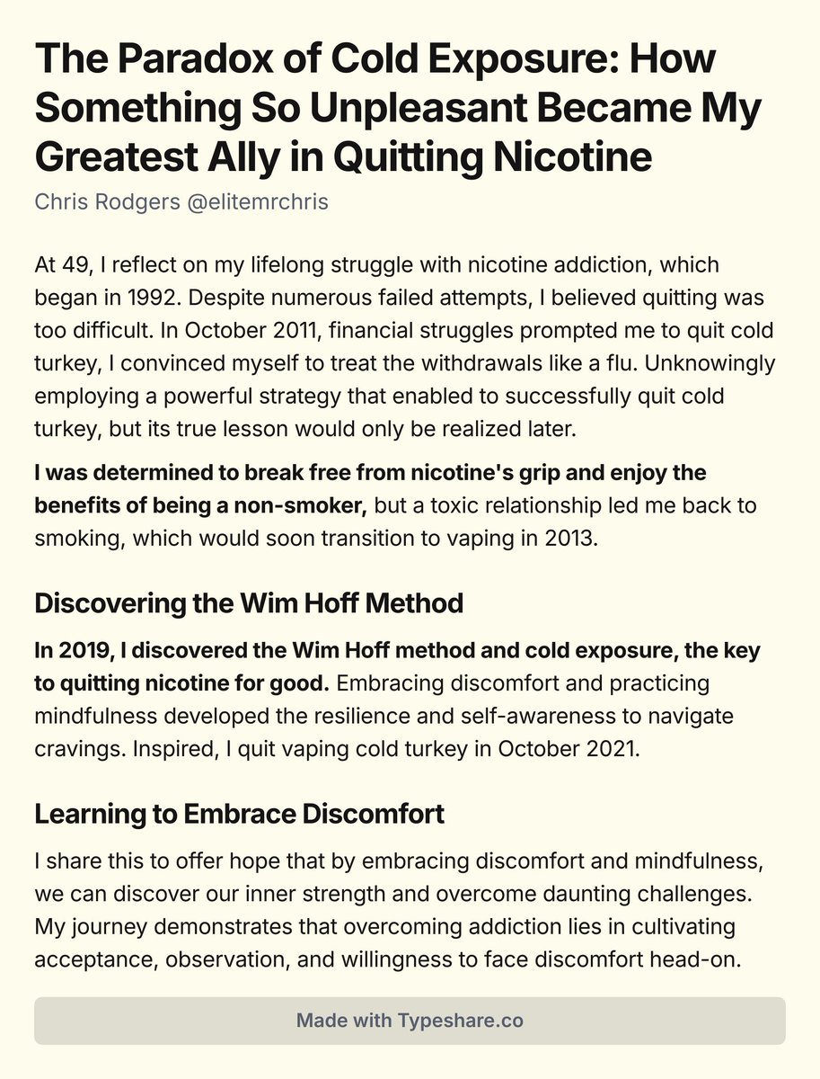 The Paradox of Cold Exposure: How Something So Unpleasant Became My Greatest Ally in Quitting Nicotine

#ship30for30 #buildinpublic #wimhoffmethod