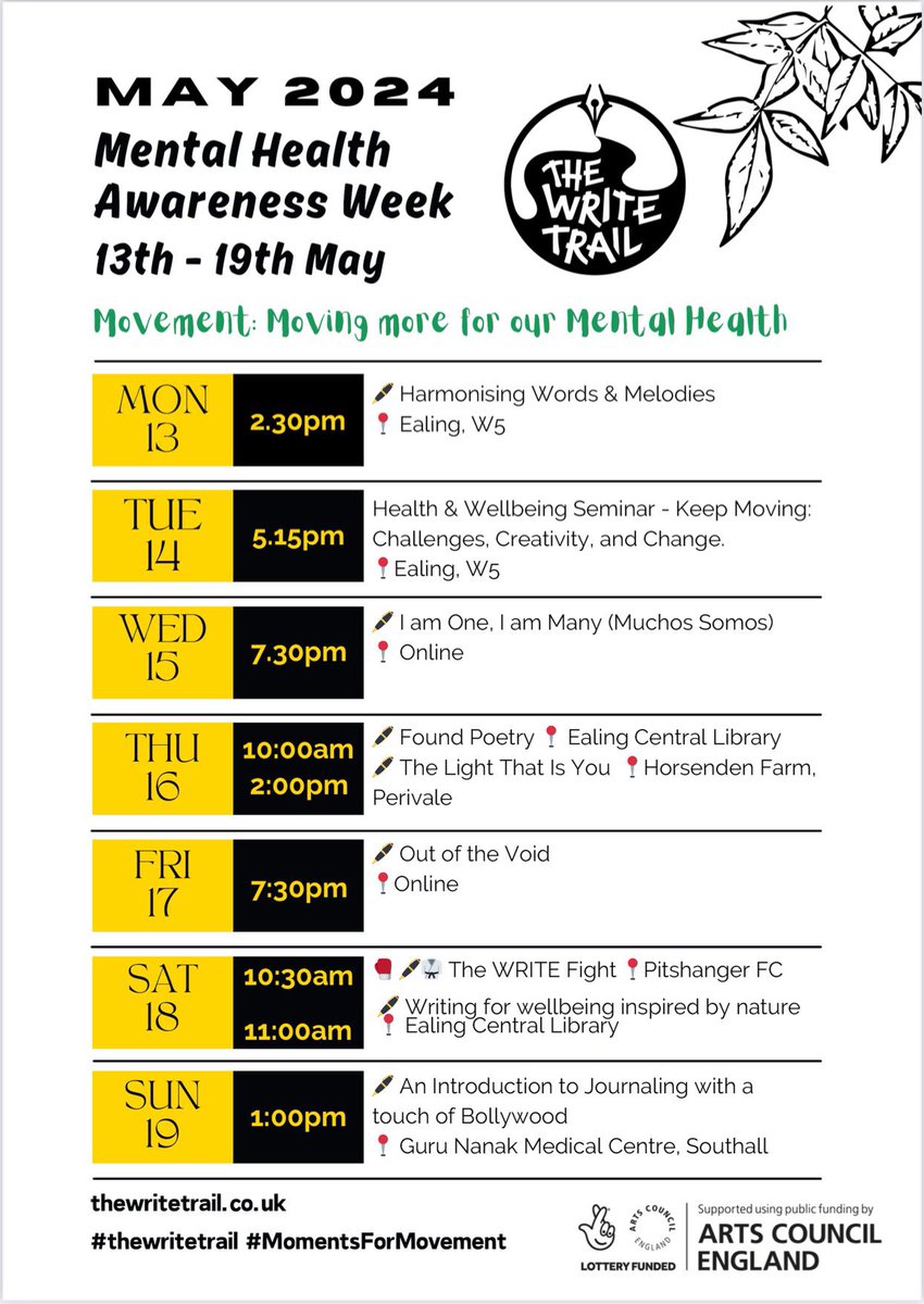 📣In case you missed it, here’s how our schedule is looking for #MentalHealthAwarenessWeek 
(13 - 19 May 2024) See ⬇️ 

Visit our our website to book your place: thewritetrail.co.uk 

#Health #mentalhealth #creativity #ACESupported #CreativeHealth #event #Ealing #LetsCreate