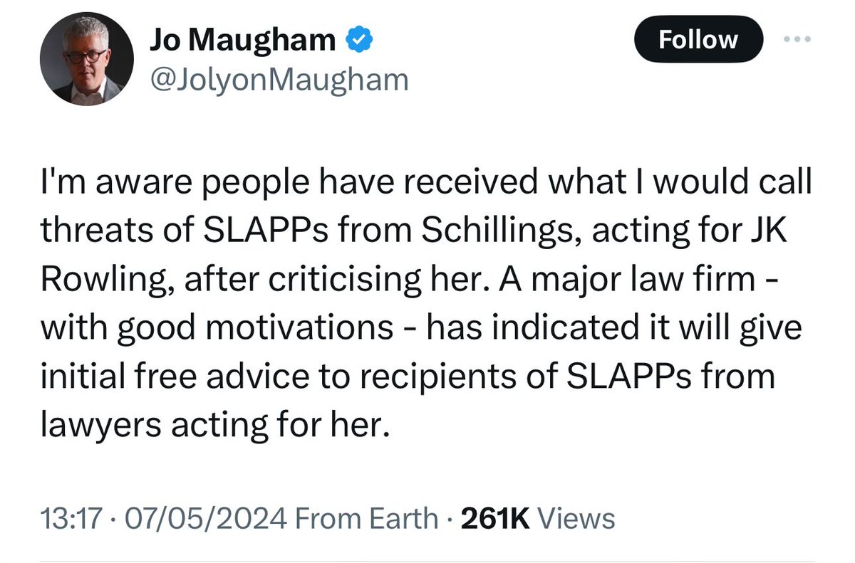 A SLAPP is a lawsuit designed to harass and stop people from engaging in debate. JKR has not done this. 

@jk_rowling has rightly issued legal warnings after she has been subject to serious defamation.