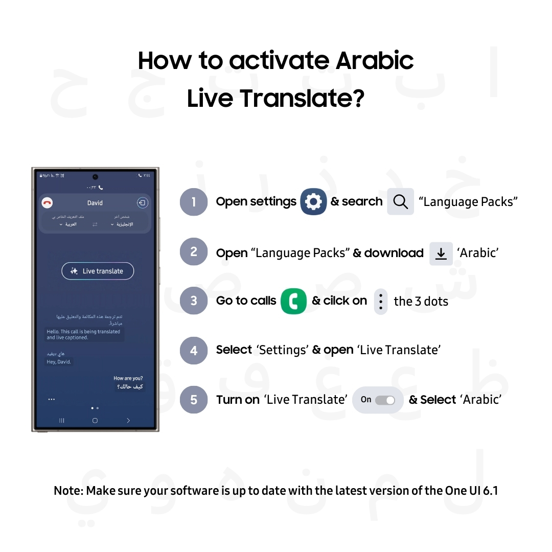 You asked, we answered! To enjoy the Arabic Live Translate feature on your Galaxy device, all you need to do is download Arabic from your Language Packs & turn on Live Translate on your call settings. #GalaxyAI #LiveTranslate *Available to enjoy on the latest One UI 6.1 update