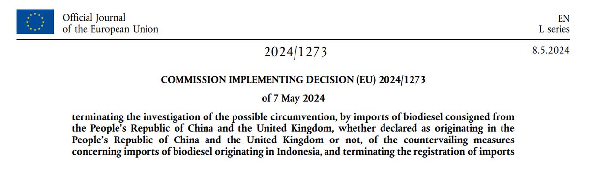 The EU anti-circumvention investigation into biodiesel imports from China and the UK has been formally terminated.