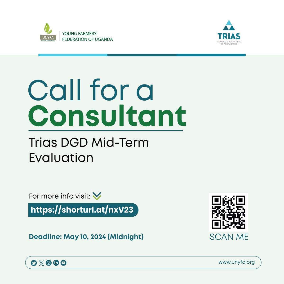 UNYFA (@unyfa1) on Twitter photo 🚨Call for a Consultant!🚨
Together with <a href="/TriasEastAfrica/">Trias East Africa</a> and it's partners we are seeking a consultant to conduct a Mid-Term Evaluation of Uganda DGD Program.
The terms of reference for this consultancy can be found on this link shorturl.at/nxV23
Interested applicants 🚨Call for a Consultant!🚨
Together with <a href="/TriasEastAfrica/">Trias East Africa</a> and it's partners we are seeking a consultant to conduct a Mid-Term Evaluation of Uganda DGD Program.
The terms of reference for this consultancy can be found on this link shorturl.at/nxV23
Interested applicants