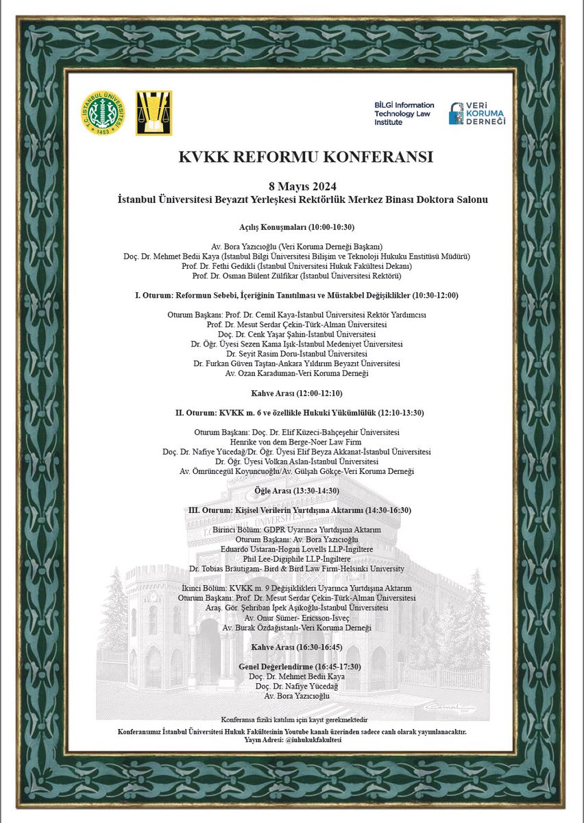 KVKK Reformu Konferansı başladı. Konferansı fakültemizin YouTube kanalından takip etmek mümkün: youtube.com/watch?v=RCIoLH…